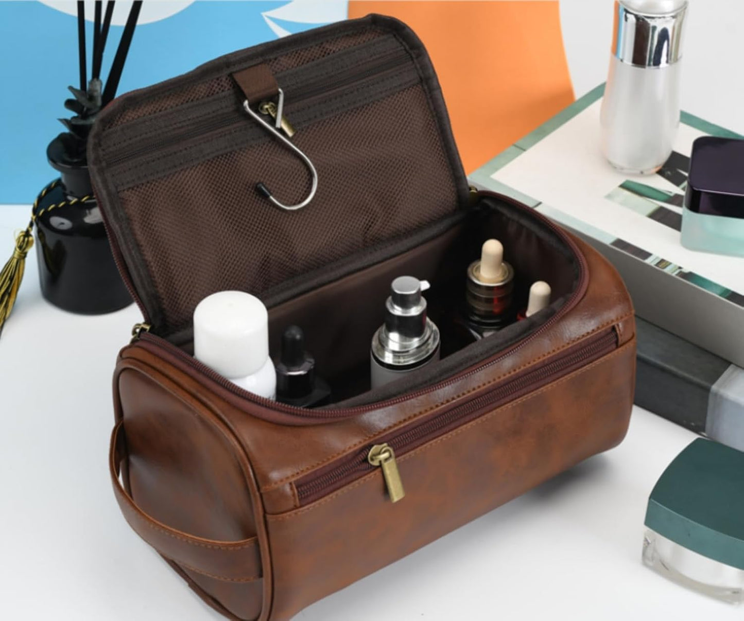 Geanta Cosmetica Premium Voiaj Pentru Barbati, Impermeabila, Capacitate Mare, Compartimentare Multifuncționala, 25x9x15 cm, Maro