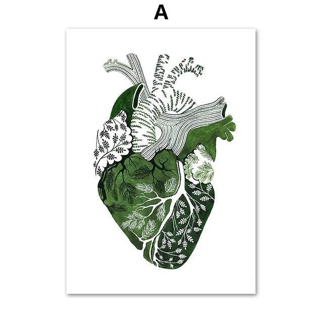 Set de 3 Tablouri Canvas, Modele Anatomice in forma de Inima, Creier si Plamani, Verde, Fara rama, VELICO®