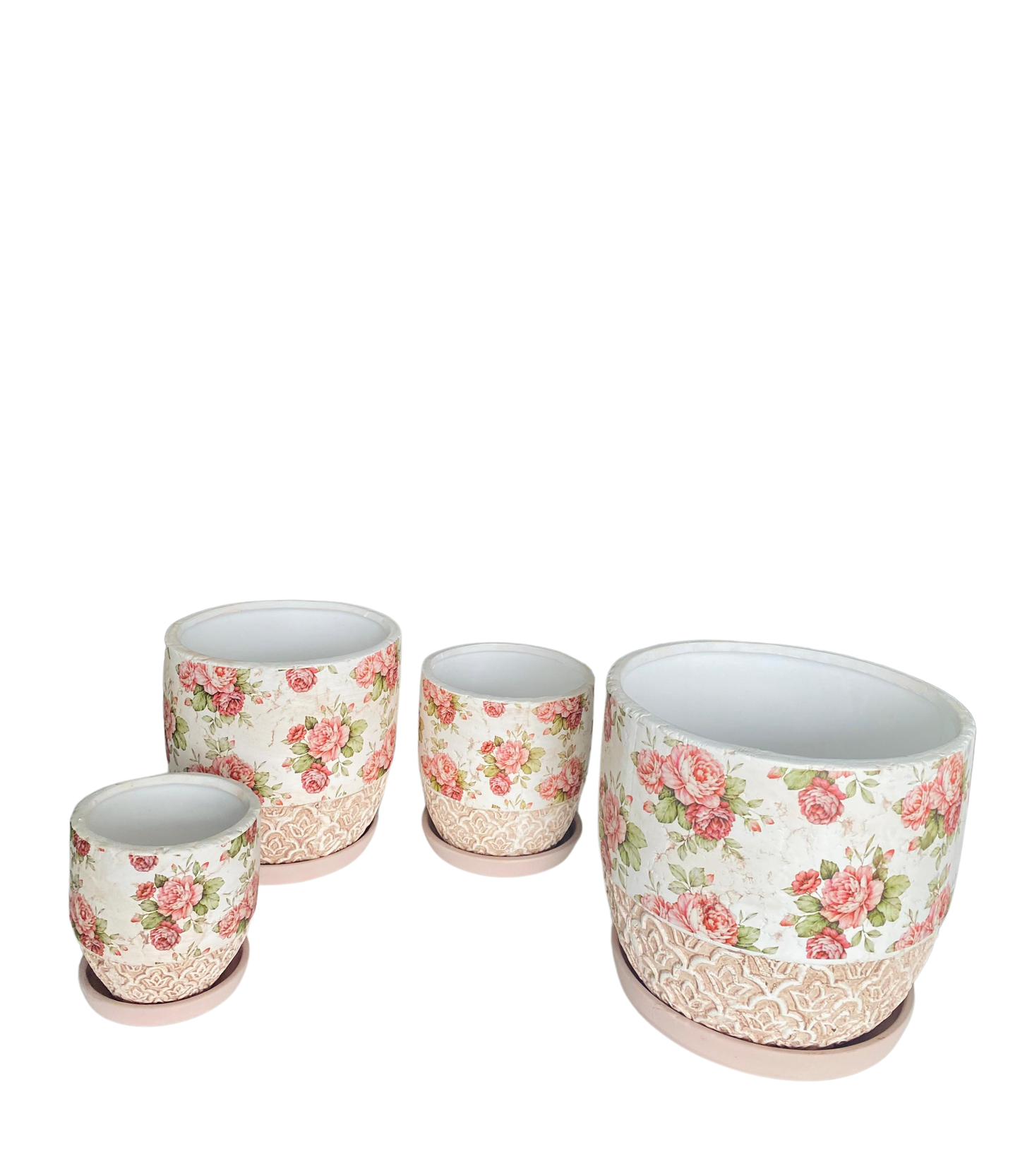 Set 4 ghivece, Cu farfurie,  Orificiu de scurgere a apei, Ceramica, 4 Dimensiuni, Ф18, Ф15, Ф12, Ф9 cm, Cu imprimeu trandafiri si gravura clasica