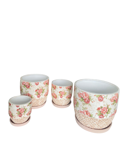 Set 4 ghivece, Cu farfurie,  Orificiu de scurgere a apei, Ceramica, 4 Dimensiuni, Ф18, Ф15, Ф12, Ф9 cm, Cu imprimeu trandafiri si gravura clasica