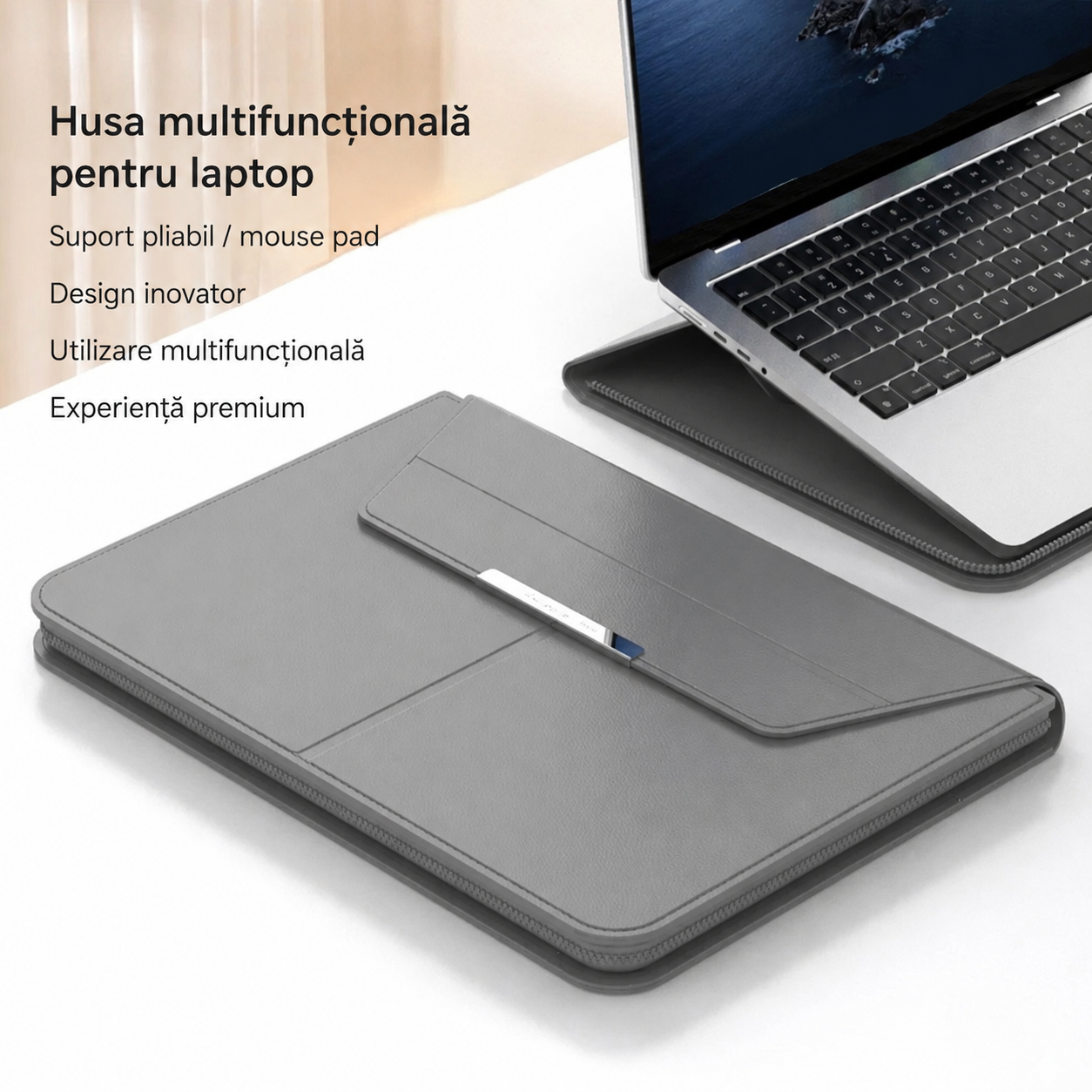 Husa Laptop Premium Multifunctionala 3 in 1 cu Suport Pliabil si Mouse Pad Integrat, 13/14 inch