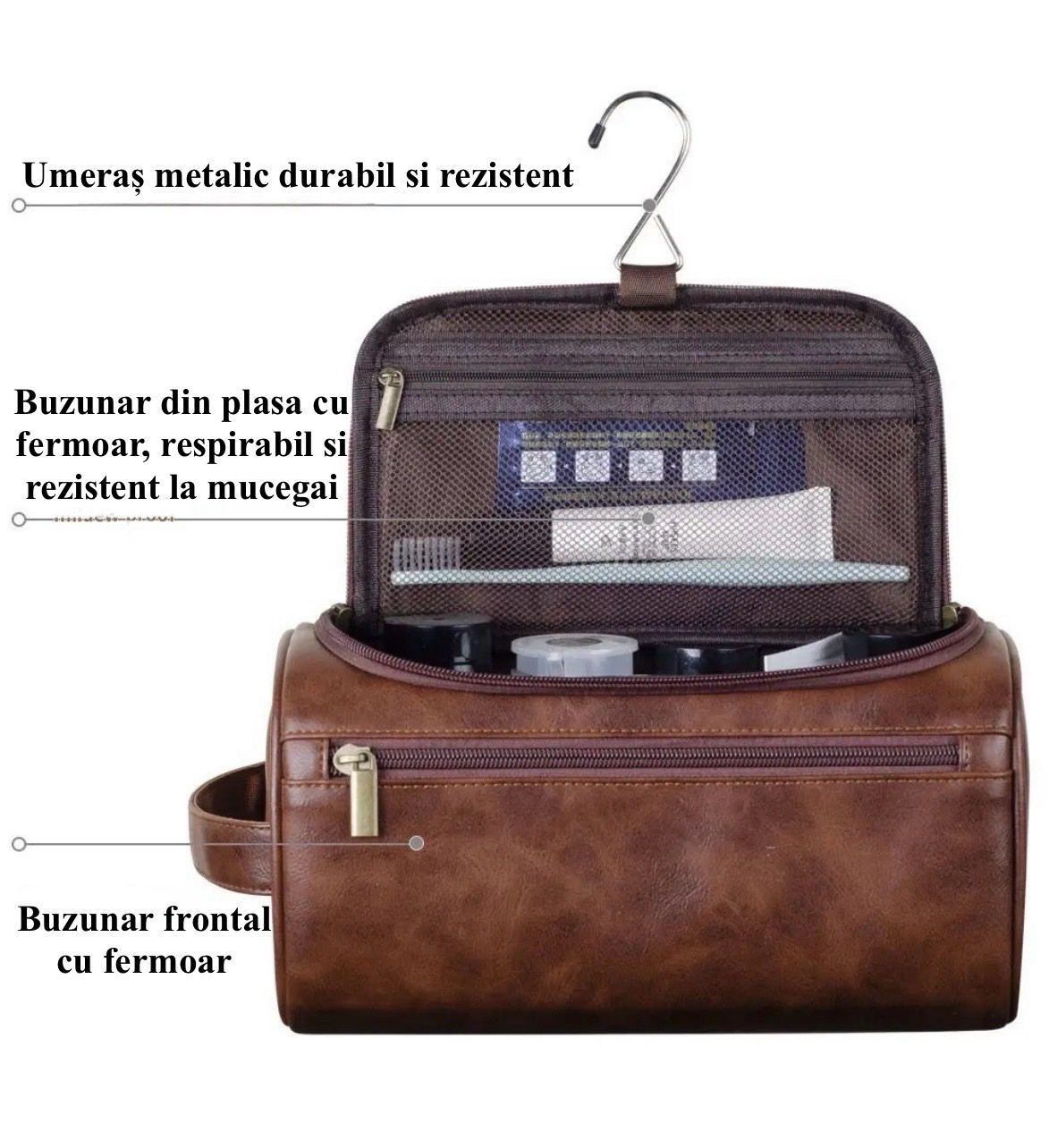 Geanta Cosmetica Premium Voiaj Pentru Barbati, Impermeabila, Capacitate Mare, Compartimentare Multifuncționala, 25x9x15 cm, Maro