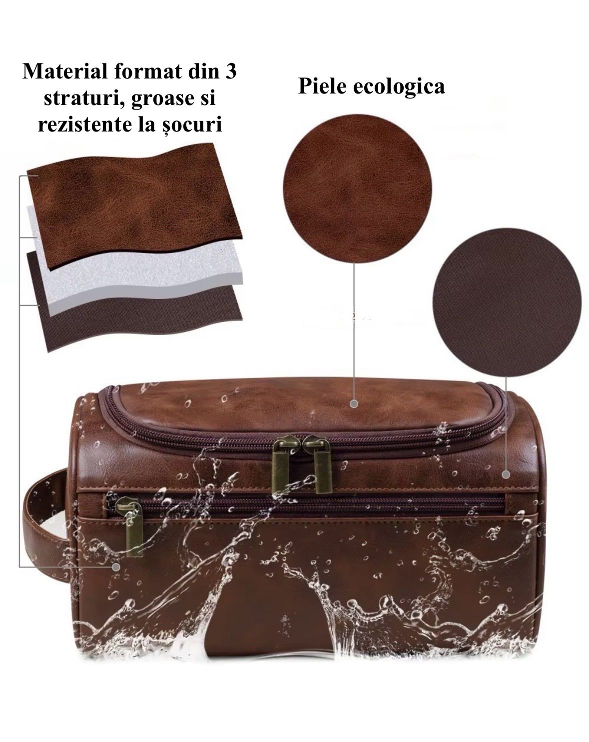 Geanta Cosmetica Premium Voiaj Pentru Barbati, Impermeabila, Capacitate Mare, Compartimentare Multifuncționala, 25x9x15 cm, Maro