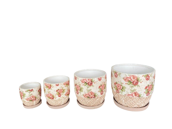 Set 4 ghivece, Cu farfurie,  Orificiu de scurgere a apei, Ceramica, 4 Dimensiuni, Ф18, Ф15, Ф12, Ф9 cm, Cu imprimeu trandafiri si gravura clasica