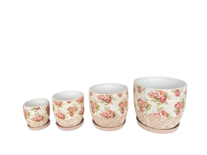 Set 4 ghivece, Cu farfurie,  Orificiu de scurgere a apei, Ceramica, 4 Dimensiuni, Ф18, Ф15, Ф12, Ф9 cm, Cu imprimeu trandafiri si gravura clasica