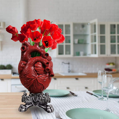 Vaza decorativa in forma de inima anatomica, Cu Suport Metalic Argintiu, Design Modern pentru Casă sau Birou, Inaltime 20 cm, Rosie