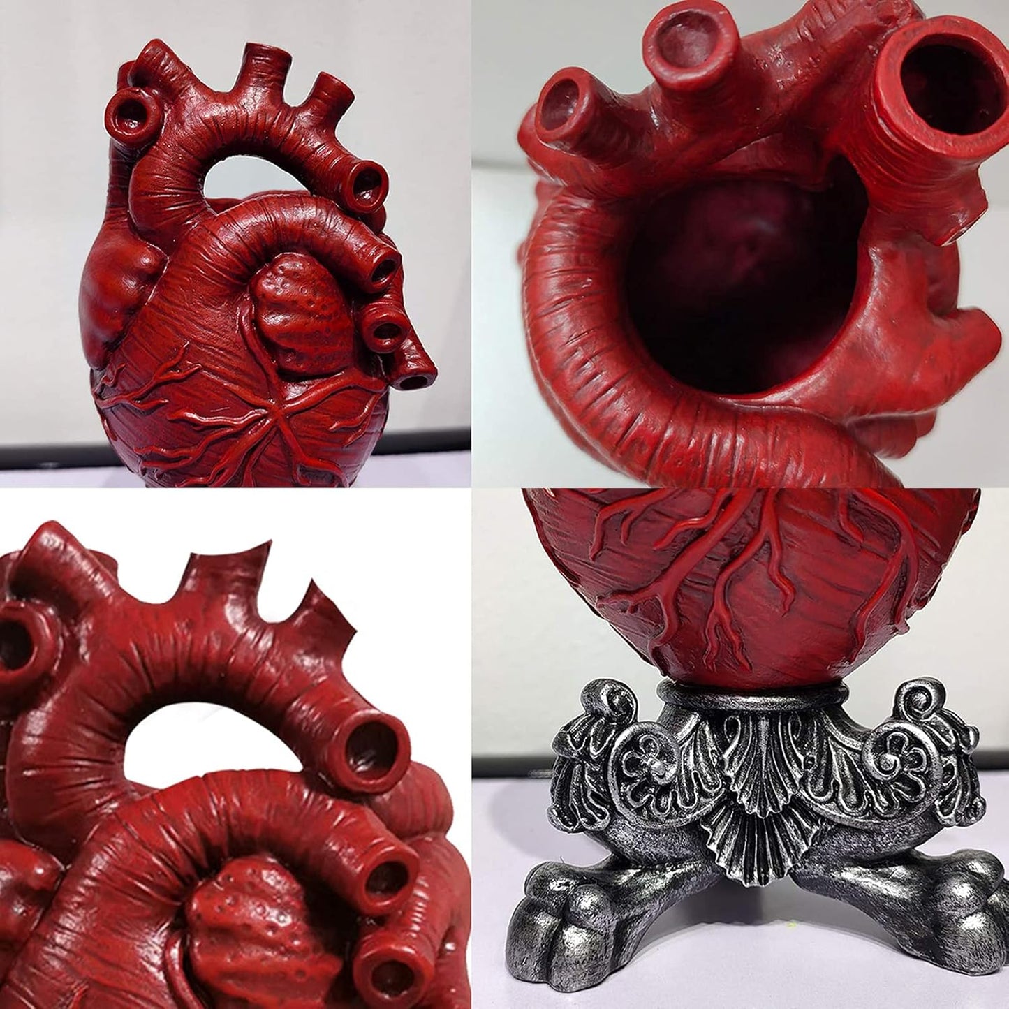 Vaza decorativa in forma de inima anatomica, Cu Suport Metalic Argintiu, Design Modern pentru Casă sau Birou, Inaltime 20 cm, Rosie