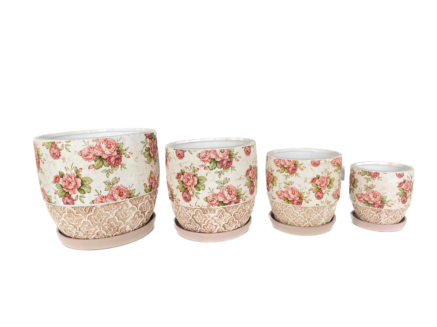 Set 4 ghivece, Cu farfurie,  Orificiu de scurgere a apei, Ceramica, 4 Dimensiuni, Ф18, Ф15, Ф12, Ф9 cm, Cu imprimeu trandafiri si gravura clasica