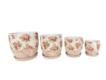 Set 4 ghivece, Cu farfurie,  Orificiu de scurgere a apei, Ceramica, 4 Dimensiuni, Ф18, Ф15, Ф12, Ф9 cm, Cu imprimeu trandafiri si gravura clasica