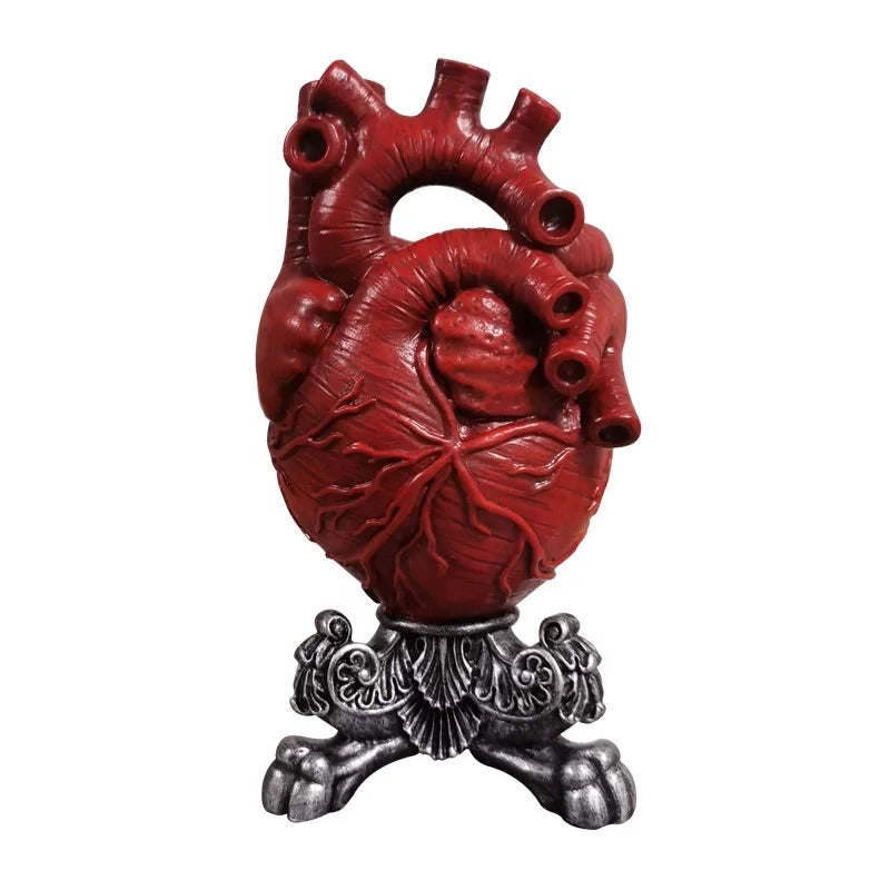 Vaza decorativa in forma de inima anatomica, Cu Suport Metalic Argintiu, Design Modern pentru Casă sau Birou, Inaltime 20 cm, Rosie