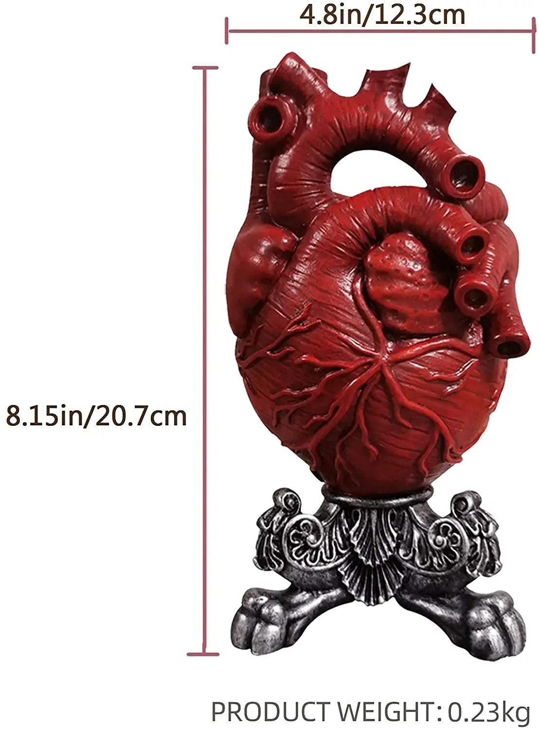 Vaza decorativa in forma de inima anatomica, Cu Suport Metalic Argintiu, Design Modern pentru Casă sau Birou, Inaltime 20 cm, Rosie
