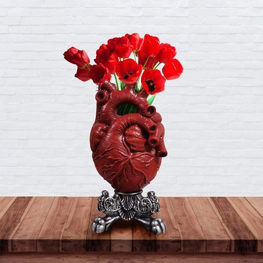 Vaza decorativa in forma de inima anatomica, Cu Suport Metalic Argintiu, Design Modern pentru Casă sau Birou, Inaltime 20 cm, Rosie