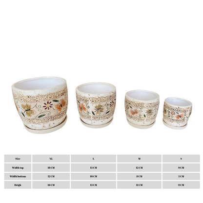 Set 4 ghivece, Cu farfurie, Orificiu de scurgere a apei, Ceramica, 4 Dimensiuni, Ф18, Ф15, Ф12, Ф9 cm, Cu gravura fluture