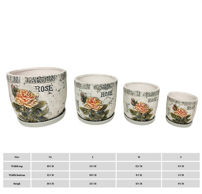 Set 4 ghivece, Cu farfurie, Orificiu de scurgere a apei, Ceramica, 4 Dimensiuni, Ф18, Ф15, Ф12, Ф9 cm, Cu gravura trandafir