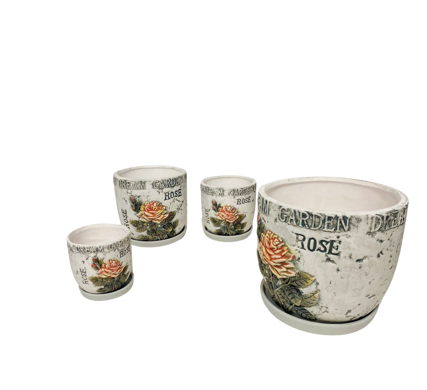 Set 4 ghivece, Cu farfurie, Orificiu de scurgere a apei, Ceramica, 4 Dimensiuni, Ф18, Ф15, Ф12, Ф9 cm, Cu gravura trandafir