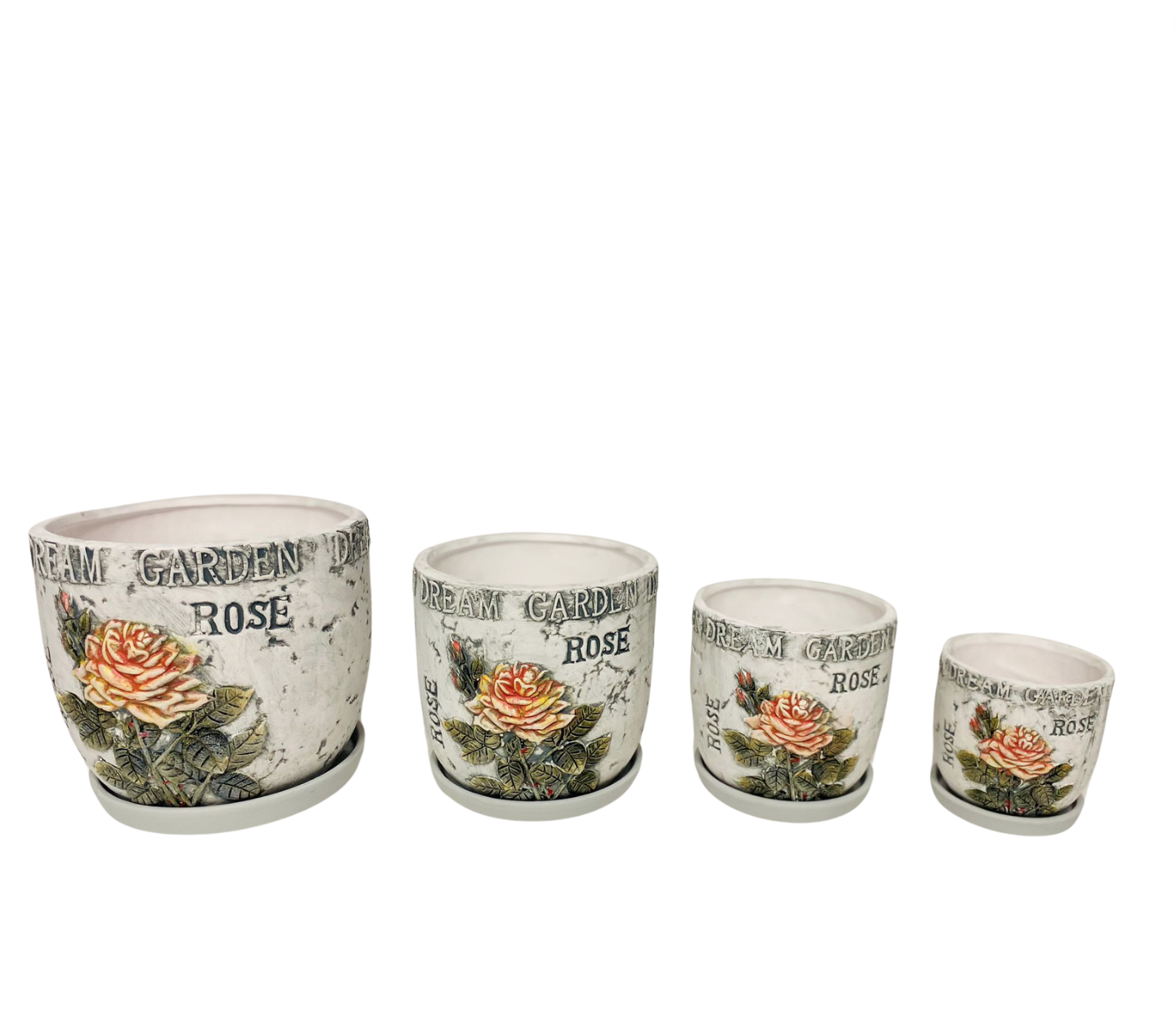 Set 4 ghivece, Cu farfurie, Orificiu de scurgere a apei, Ceramica, 4 Dimensiuni, Ф18, Ф15, Ф12, Ф9 cm, Cu gravura trandafir