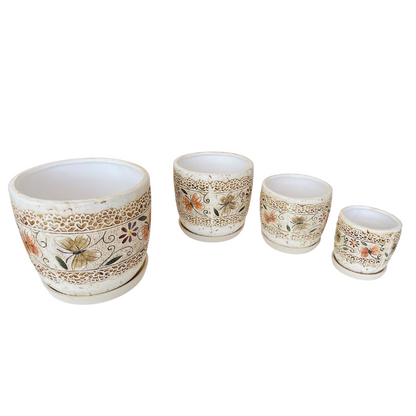 Set 4 ghivece, Cu farfurie, Orificiu de scurgere a apei, Ceramica, 4 Dimensiuni, Ф18, Ф15, Ф12, Ф9 cm, Cu gravura fluture