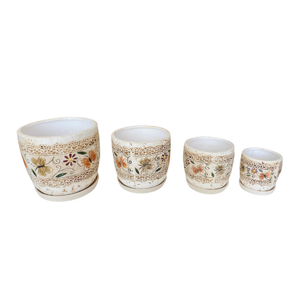 Set 4 ghivece, Cu farfurie, Orificiu de scurgere a apei, Ceramica, 4 Dimensiuni, Ф18, Ф15, Ф12, Ф9 cm, Cu gravura fluture